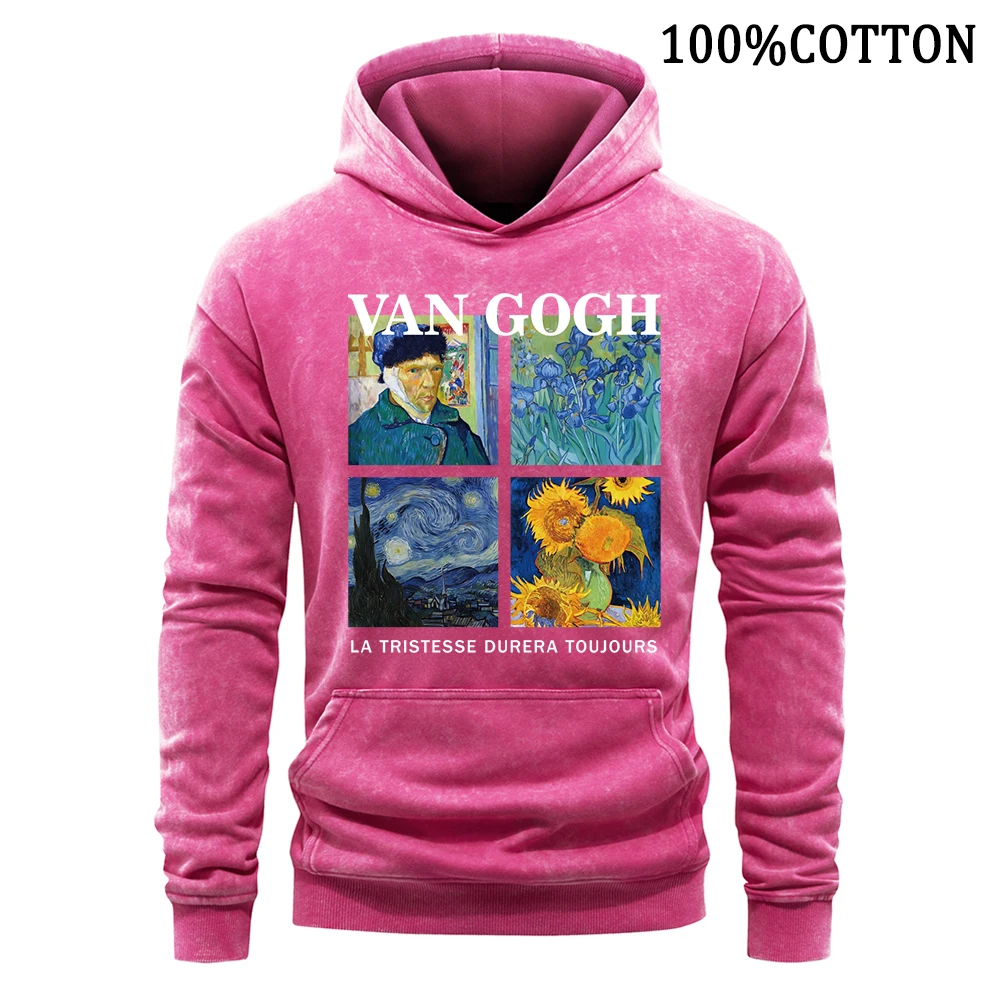 Van gogh auto retratos e noite estrelada hoodies masculinos retro lavado algodão com capuz confortável camisola streetwear topos