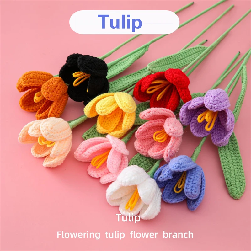 

Solid Color Wool Flower Crocheted Flowering Tulip Flower Branches Warm Heart Gift Finished Artificial Flower Quantity10 Branches