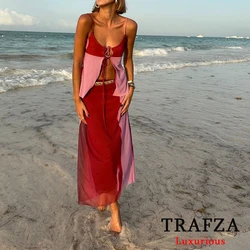 TRAFZA Sexy Red Tie Dye Print Women Suits Bow Tie Cami Tops+High Waist Loose Skirts Fashion 2024 Summer Beach Style Holiday Sets