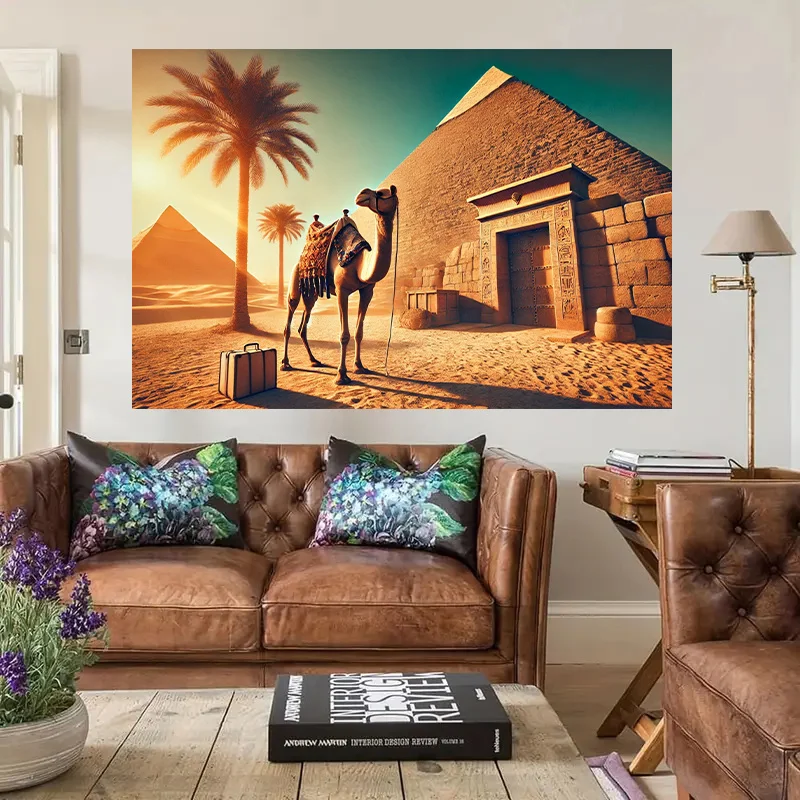لافتة خلفية الهرم المصري والجمل - ديكور حائط مصر القديمة مع هرم عظيم من جيزا، مشهد صحراوي - بدون كهرباء