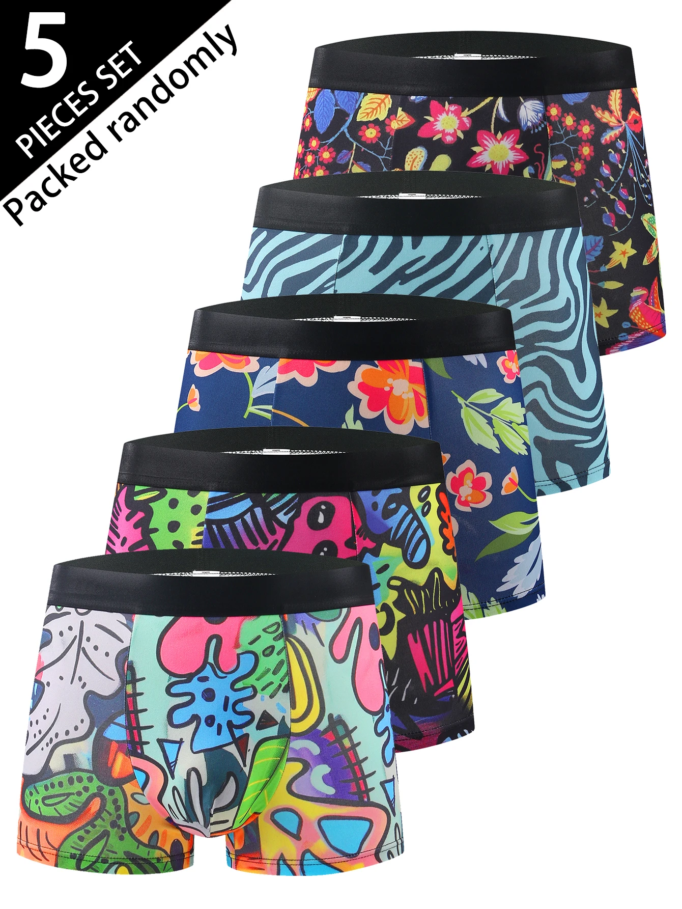 

Мужские трусы с принтом граффити из 5 предметов; модный смешанный узор; эластичный и удобный; ультратонкий четырехсторонний дизайн; спортивный стиль