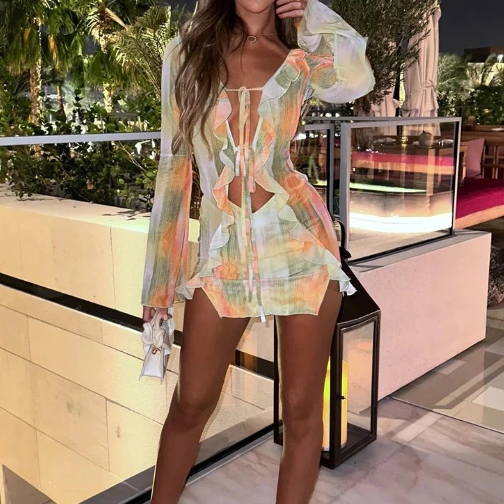 

Tie Dye Print Ruffles Bodycon Mini Dress Women Sexy Deep V Neck Lace Up Long Sleeve Split Club Party Dresses Summer Beach Robe