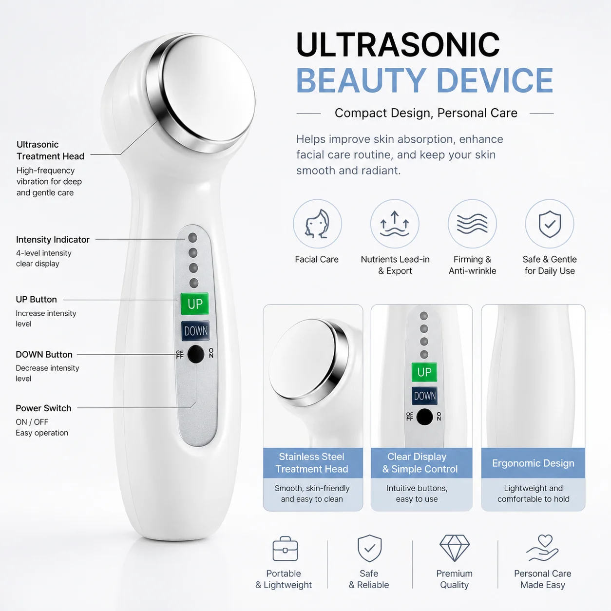 1Mhz Facial Body Skin Care Cleaner Massager Massage Clean Face Beauty Ultrasonic Health Equipment 110-240V