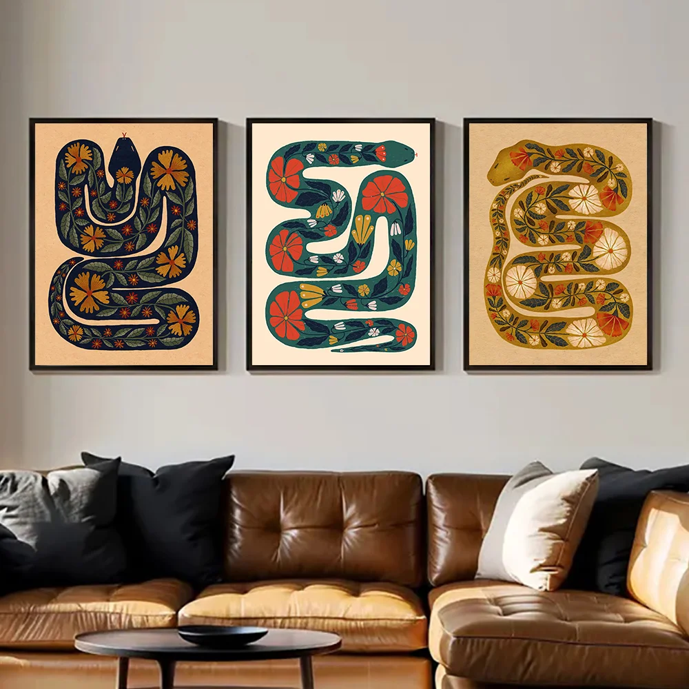 Boho Snake Wall Art Set – Vintage Floral Animal Canvas Prints, Abstract Serpent Poster Pack for Living Room Bedroom Home Deco