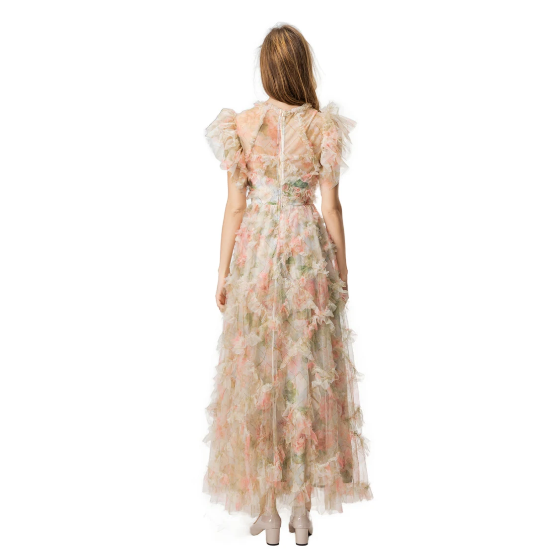 Vestido maxi de tule com estampa floral, blush macio e requintado, mangas curtas com babados e saia multi em camadas para ocasiões especiais