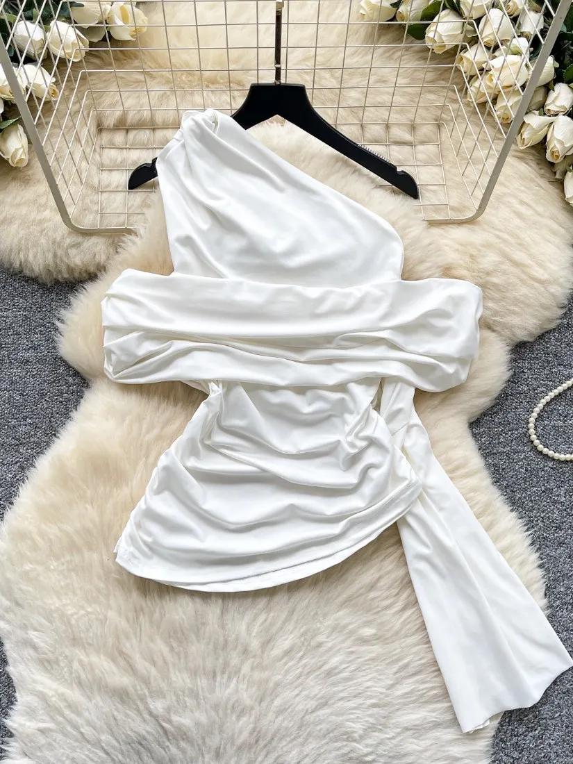 Foamlina Summer Irregular Twisted Slim Fit Top Vest Socialite One Shoulder Vest Design Mature Sexy Girl's White Crop Top Tanks