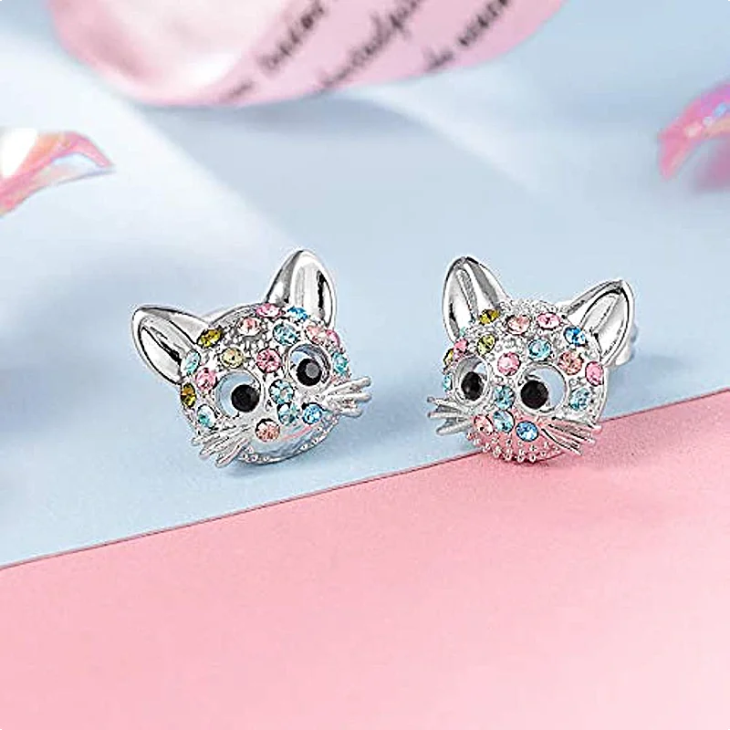 Colorful Rhinestone Decor Kitty Pendant Necklace Earring Set Elegant and Fashionable Jewelry Accessories for Womenniche Style,