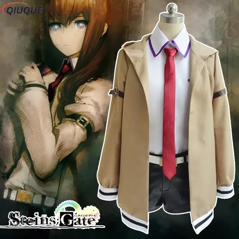 Disfraz de Cosplay de Steins Gate, juego de Anime japonés, uniformes Kurisu Makise, conjunto completo de abrigo, camisa, corbata, falda, hecho a medida U