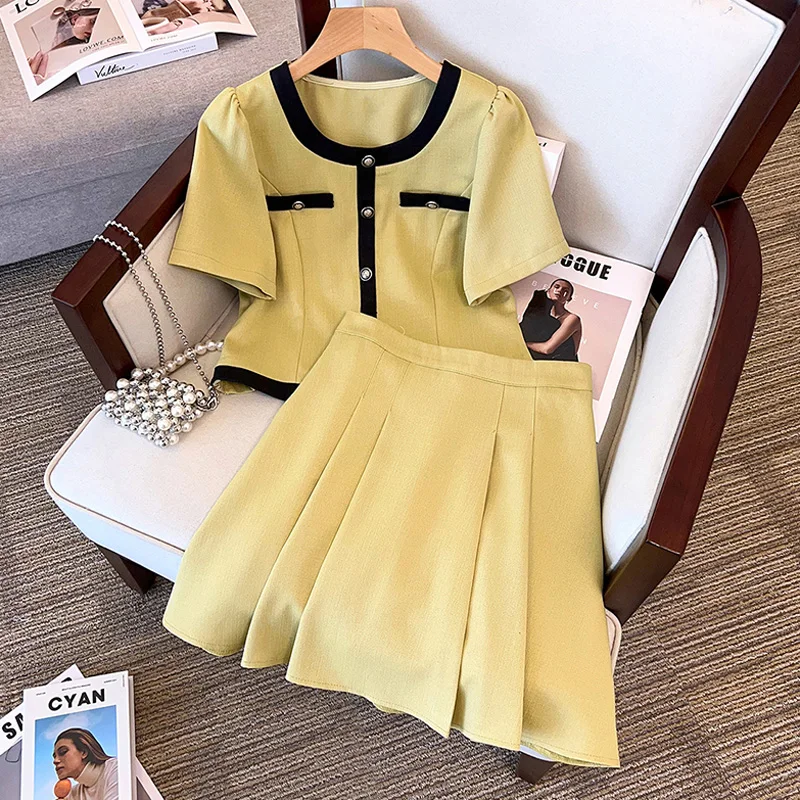 Women Summer Office Two Piece Set Short Sleeve Round Neck Tops And Mini Skirt Casual Cotton Plus Size Black Green Suit Tracksuit