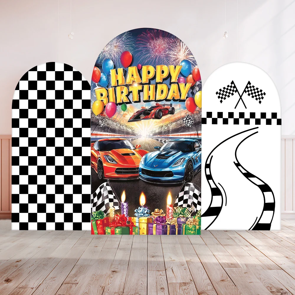 

Red Racing Boy Birthday Party Arch Cover Background Photography Black White Checkered Track Backdrop Baby Show Photo