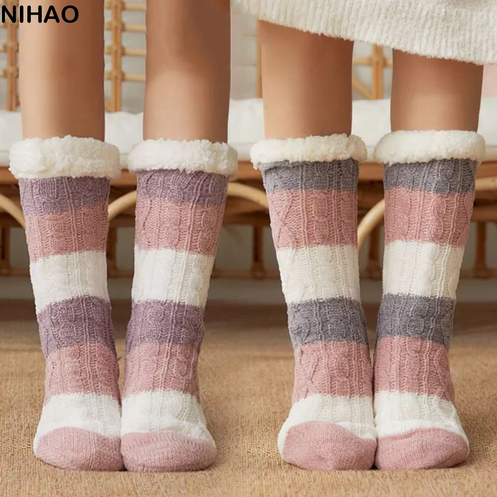 

Модные флисовые носки с жареным тестом в полоску, плюшевые утепленные носки для сна, женские мягкие теплые зимние носки-тапочки, женские