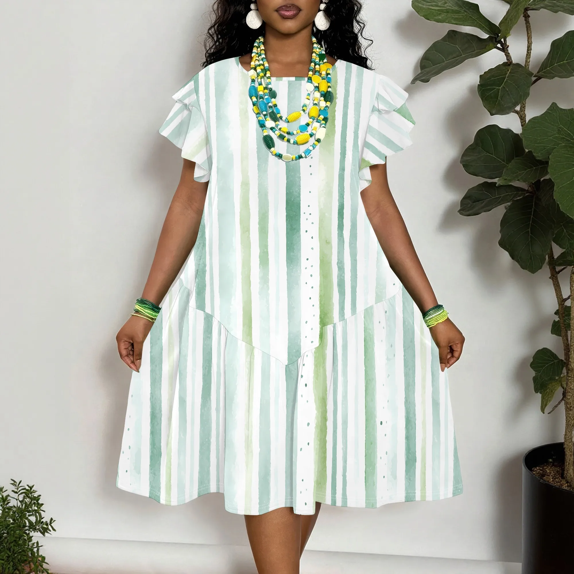 

Women's Plus Size Short Sleeve Dress with Green Stripe Print, Casual Summer Tunic Dress