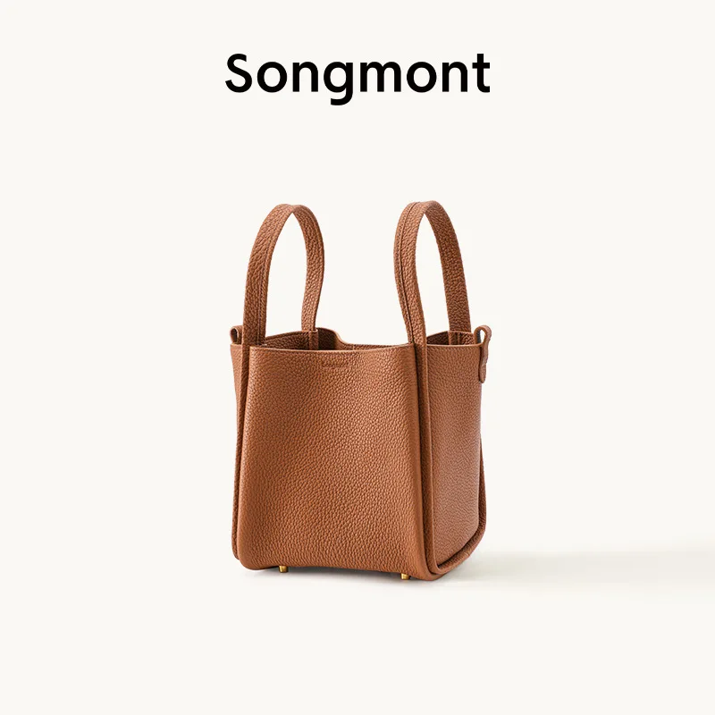 Songmont Grocery Bag Medium Small New Snap Closure Series Cowhide Leather Large Capacity Handheld Bucket Bag Women Versatile