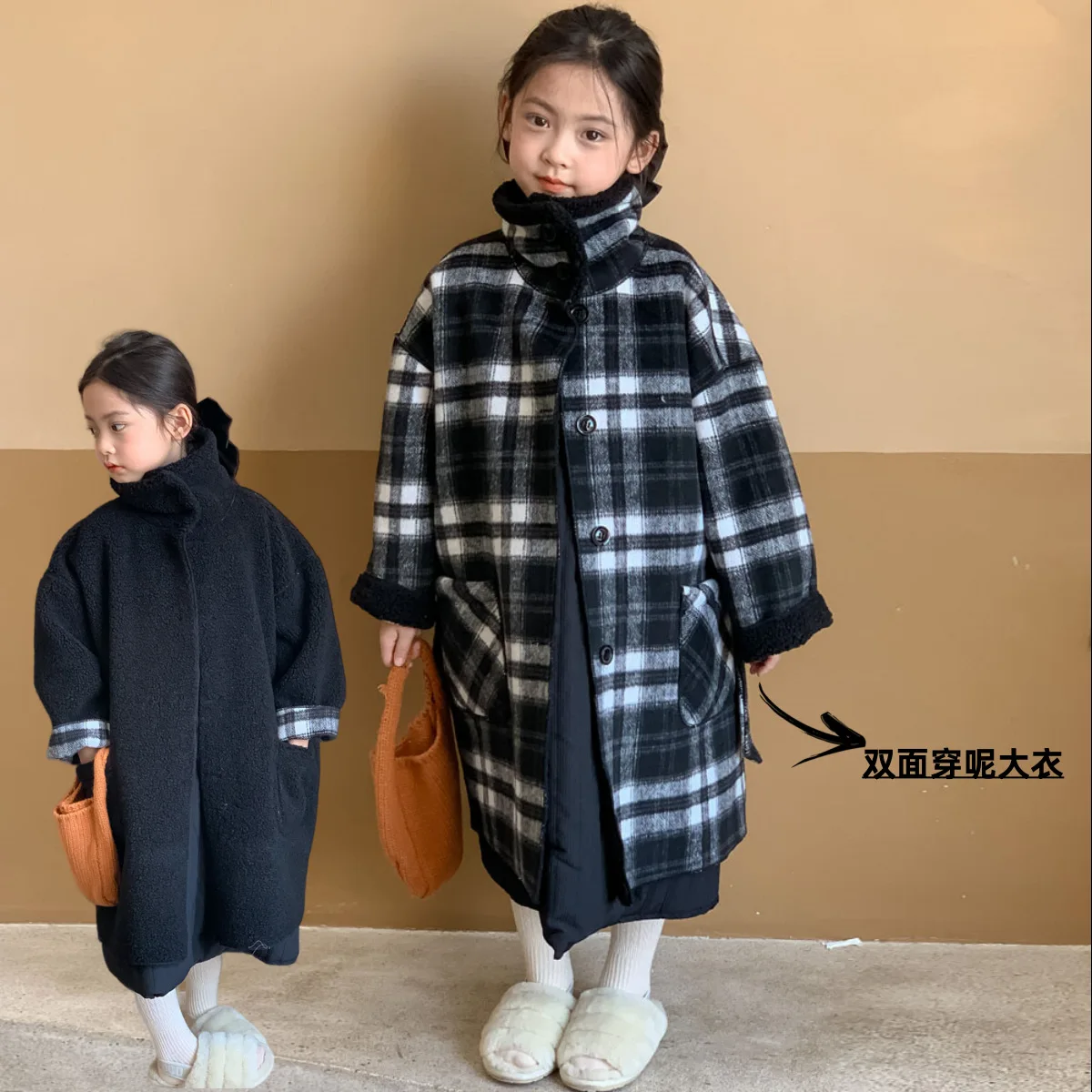 

Reversible Coat For Children Girls Winter 2024 Velvet High Collar Kid Girl Plaid Outerwear Cotton Long 1-10Y Girls Warm Overcoat