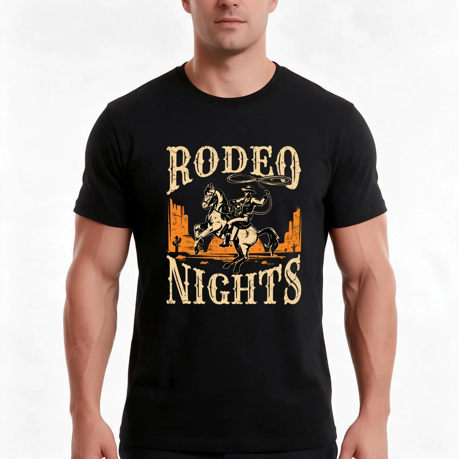 Rodeo Nights T-Shirt, Summer Casual Cotton Tee, Oversized Streetwear Tops, Vintage Graphic Print, Loose Fit Short Sleeve