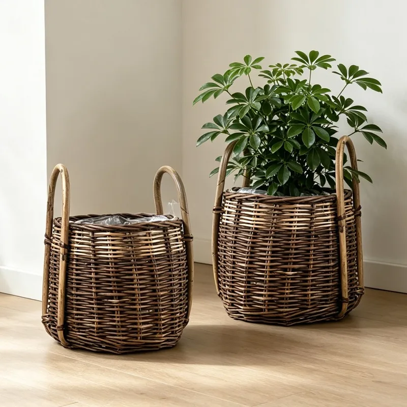 Rattan Flower Pots Handmade Woven Garden Plant Pots Living Room Floor Retro Flowerpot Indoor Elegant Decoration Planters Pot