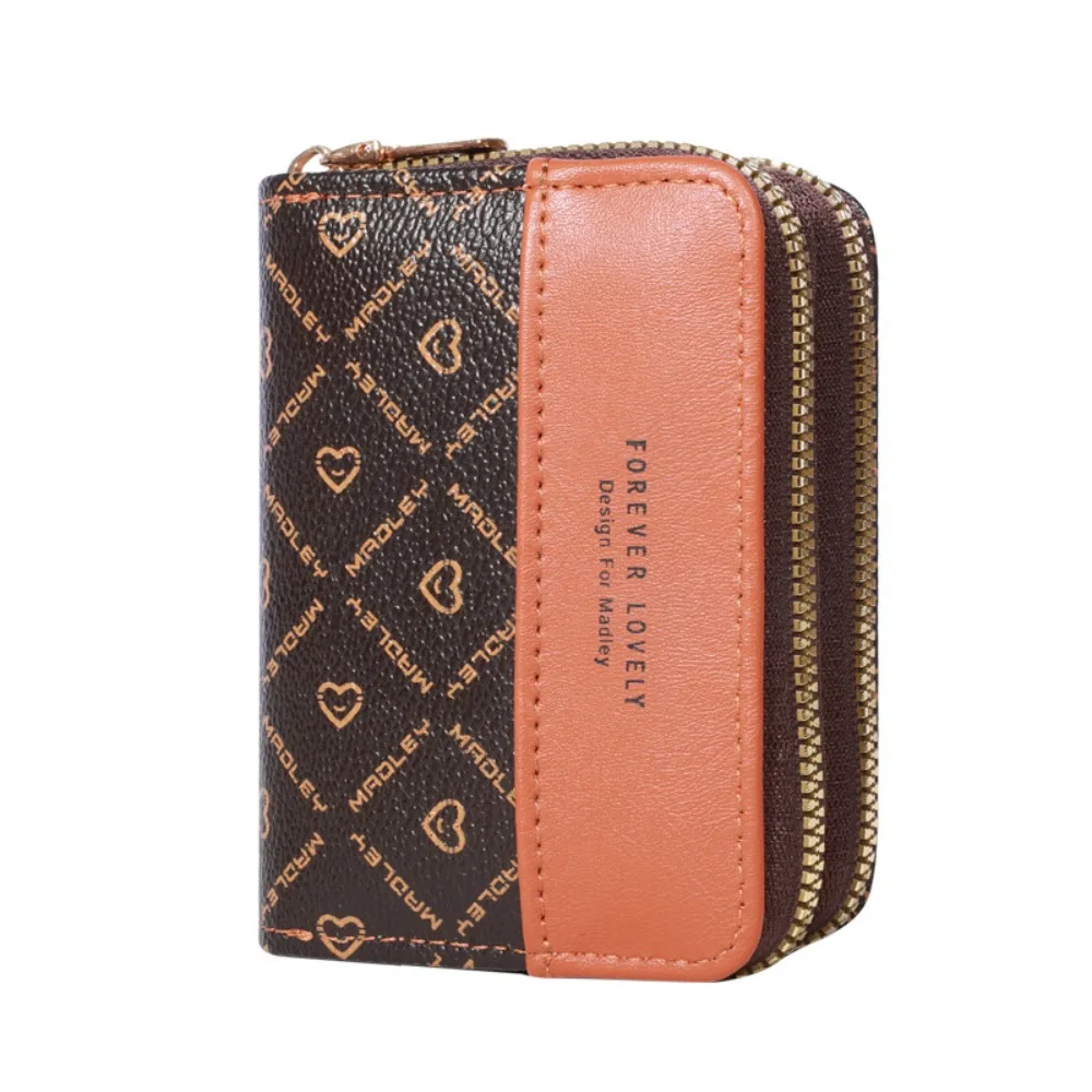 Modne portfele damskie w stylu koreańskim z blokami kolorów, krótkie portmonetki na karty z podwójnym zamkiem błyskawicznym, skórzane etui na monety i karty.