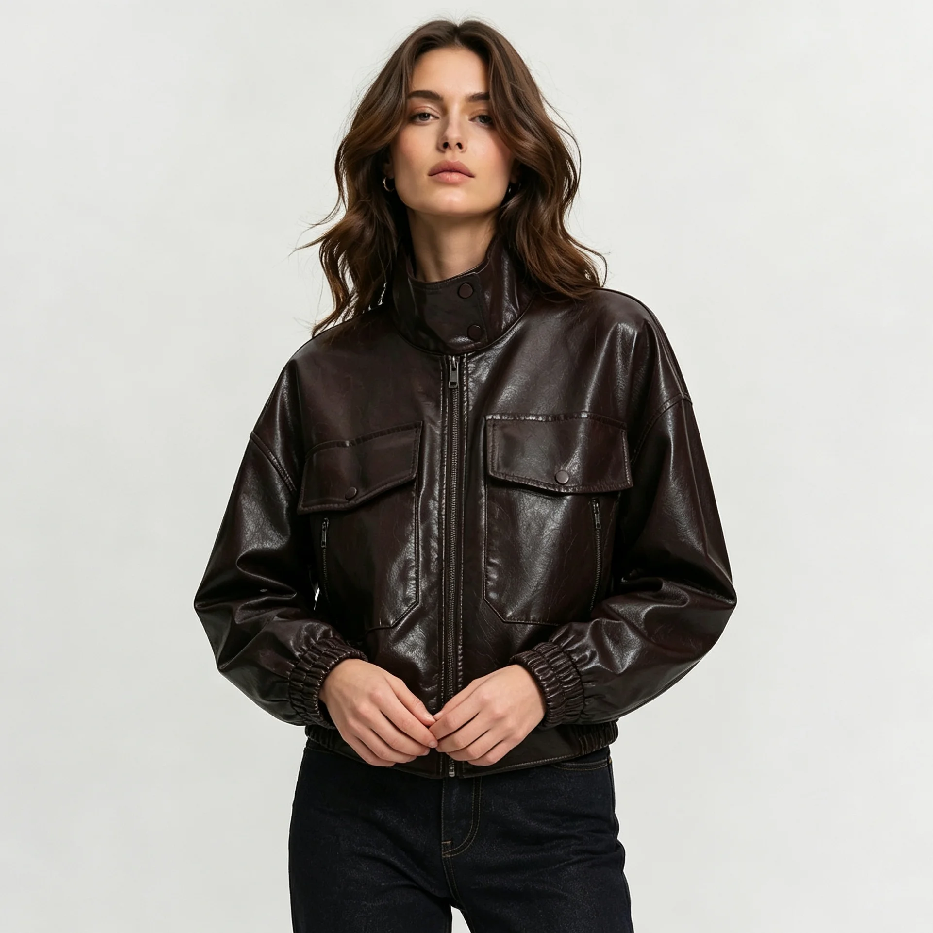RU 2026 New High Snap Stand Collar Full Zip Faux Leather Jacket Dual Flap Cargo Pockets Elastic Cuff Cropped Outer Coat