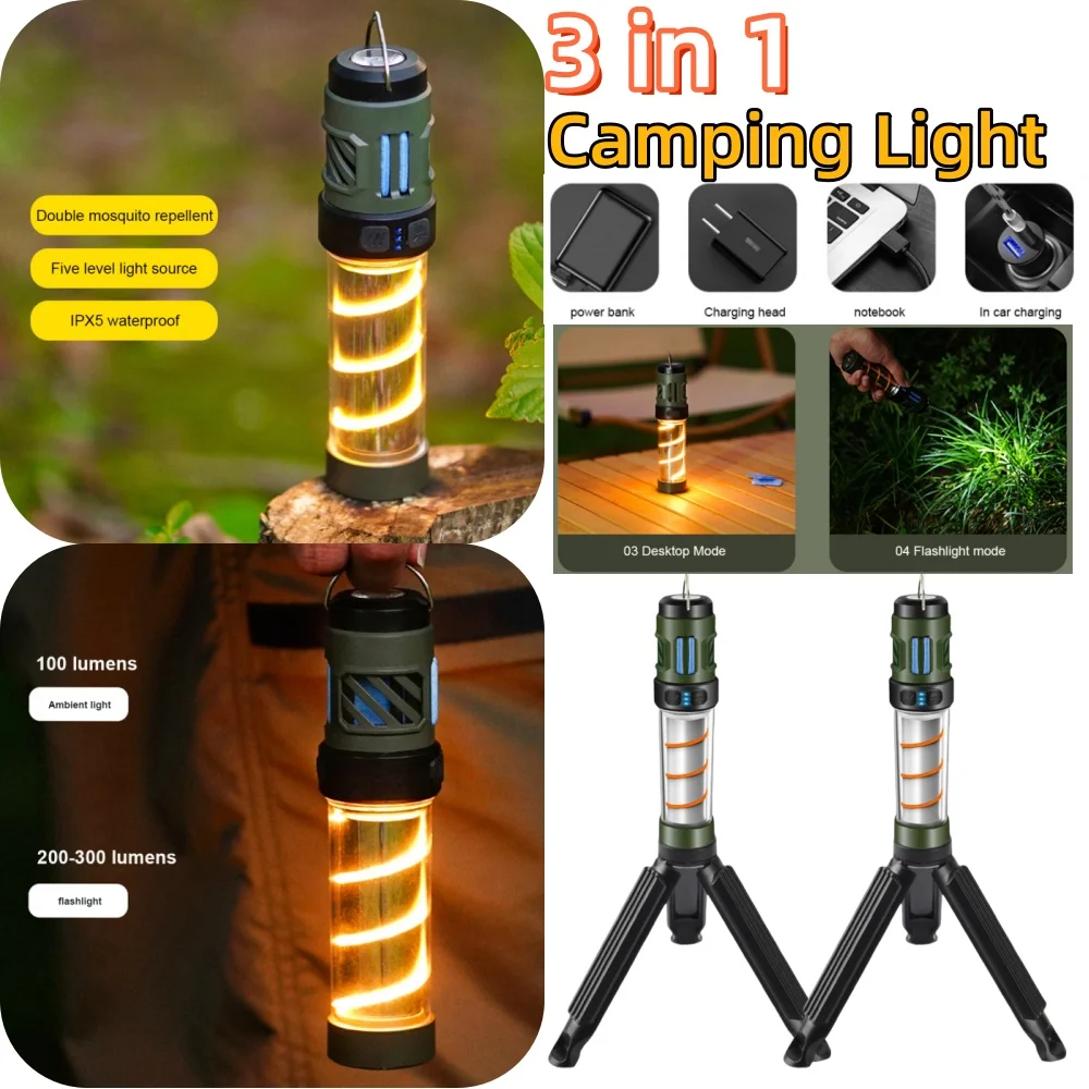 

3 in 1 Camping Light Telescoping Tripod Outdoor Light Waterproof Flashlight with Triangle Bracket for Outdoor USB Rechargeable