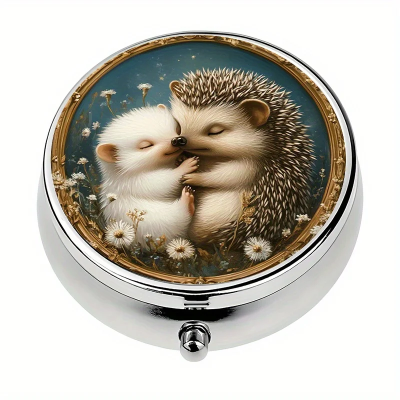 1 pill box with 3 compartments, hedgehog couple themed mini pill box, mini decorative medicine storage box, perfect for travel and storing vitamins