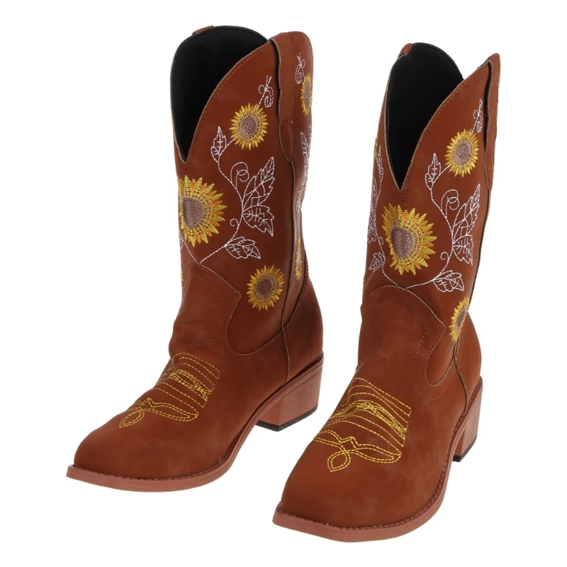 Womens Embroidered Sweet Cowboy Cowgirl Retro Western Chunky Calf for Birthday Gift Dropship