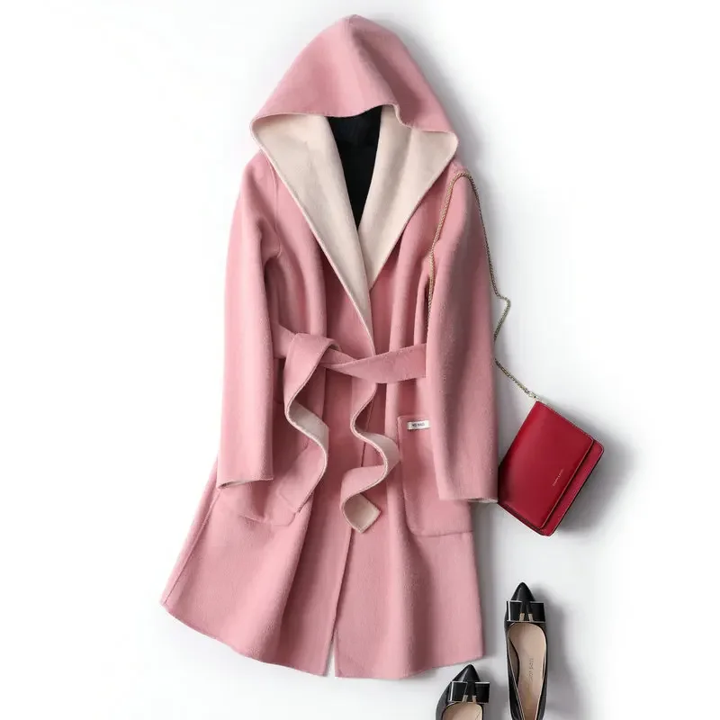 

Hooded double-sided pure wool coat on both sides, women's medium and long loose woolen coat, lace-up 2023 new small man