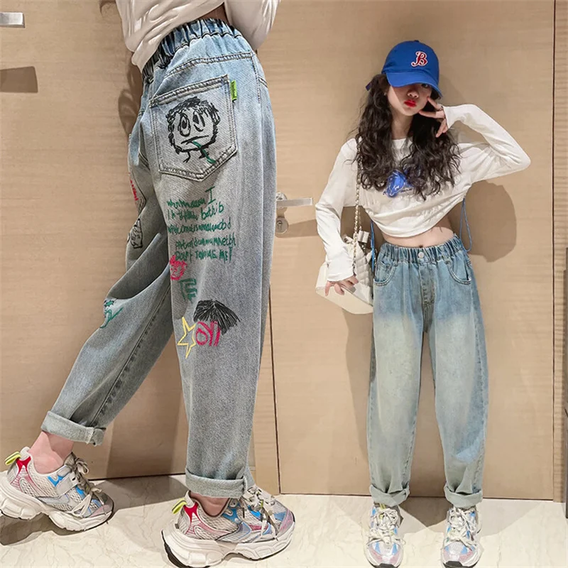 Spring 2024 new girls' graffiti printed Haren jeans for 6-15 years old