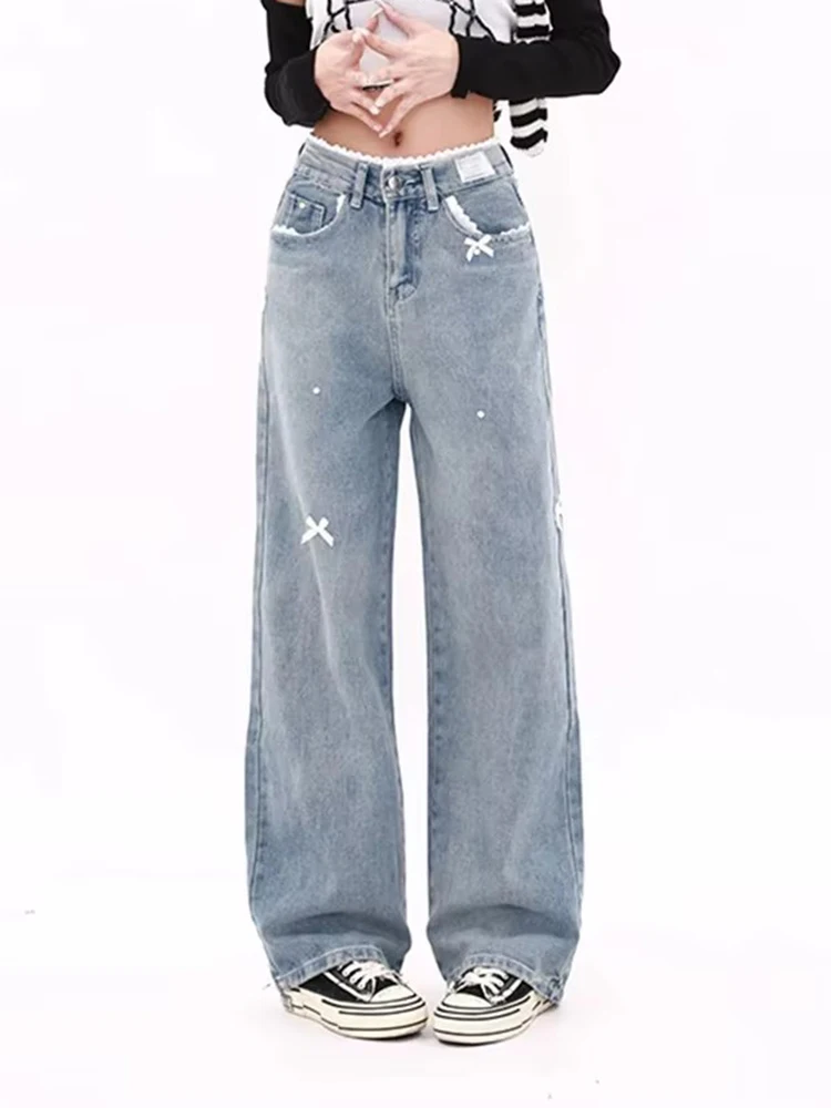 

Chicly Bow Detail High Waist Women Jeans Loose Straight Leg Wide Leg Trousers Female Spring Basic Simple Fashion Woman Jeans
