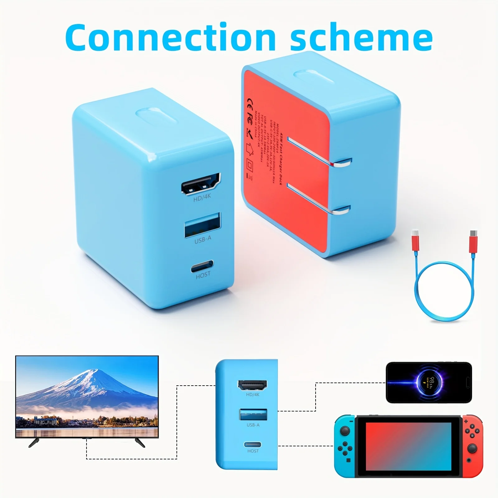 45W GaN USB C Charger Dock for Switch/OLED, Portable Travel TV Docking Station with 4K HDMI/USB2.0/PD Charging Port