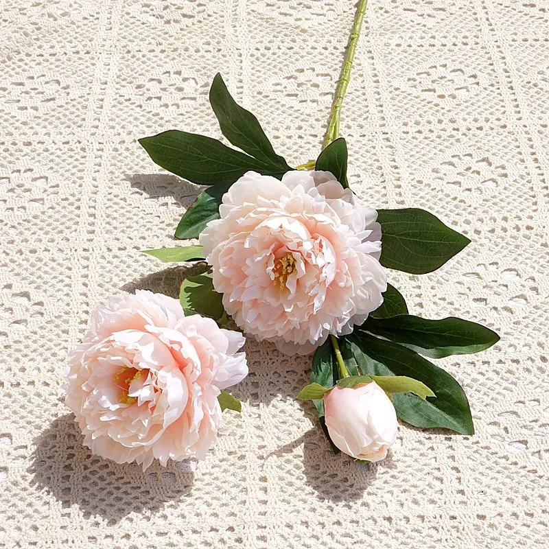 Beautiful 3-Head Peony Artificial Silk Flower Realistic Long Branch Fake Flower for Home Wedding Decoration Living Room Party