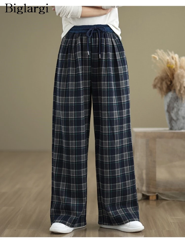 

Oversized Plaid Striped Print Autumn Wide Leg Pant Women Casual Fashion Elastic High Waist Ladies Trousers Loose Woman Pants