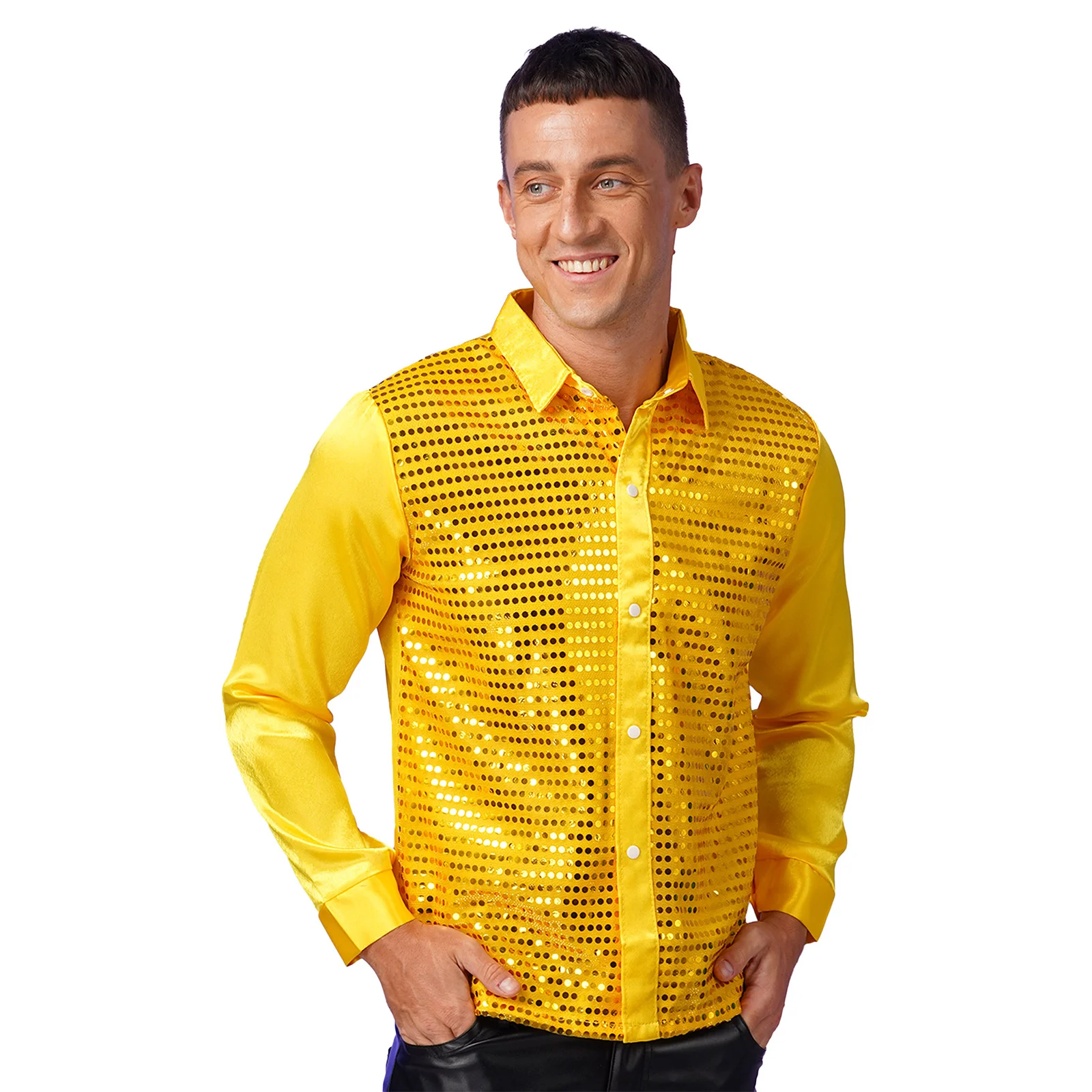 Mens Sparkly Sequin Dance Shirt Latin Jazz Dancewear Stage Performance Costume Turn-Down Collar Long Sleeve Patchwork Tops