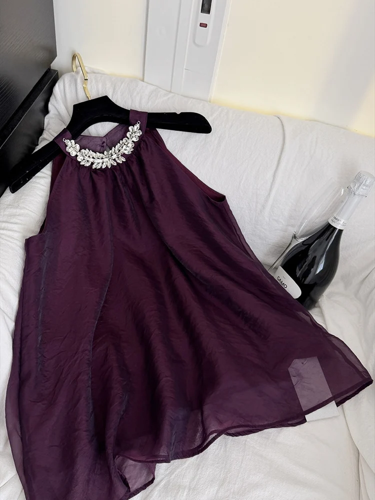 

Korean style heavy industry nail bead hanging neck chiffon shirt temperament spicy girl sleeveless versatile slim fit top