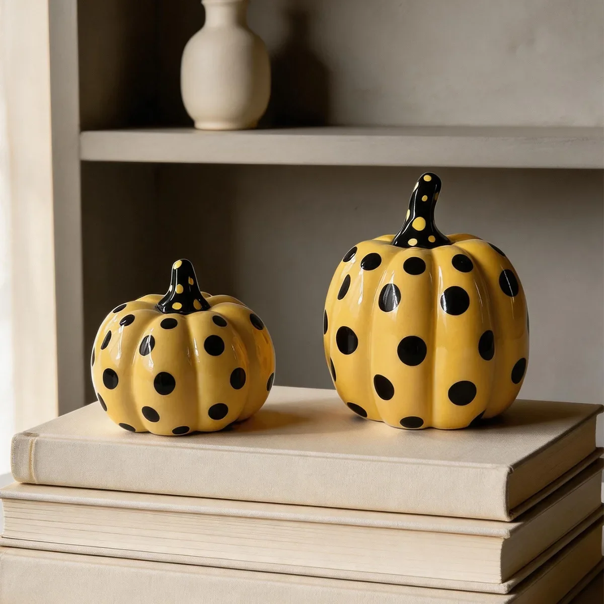 Ceramic Pumpkin Decor Black Yellow Polka Dot Pumpkin Figurine Nordic Home Decoration Halloween Fall Thanksgiving Ornament