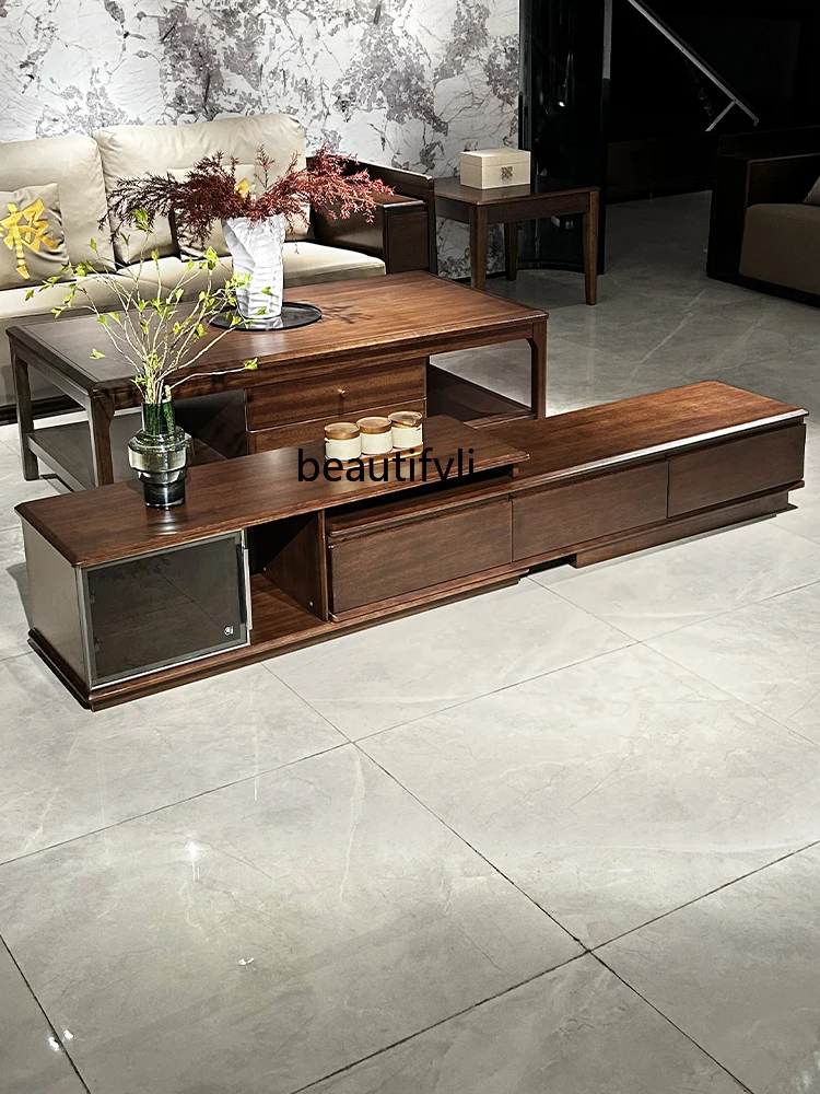 

Solid Wood TV Cabinet Simple Modern Walnut Retractable Storage Home Living Room Floor Combination Side Cabinet furniture