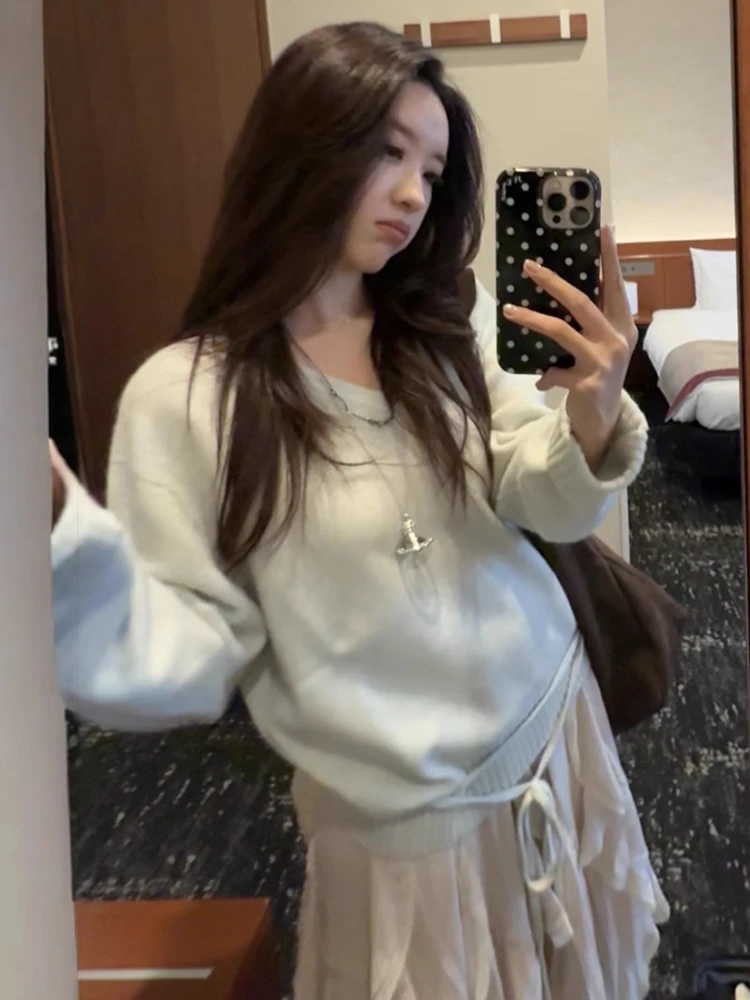 

Вязаный свитер V-Ne с поясом, эластичная талия, асимметричная юбка-тортик, юбка-тортик, повседневная свободная посадка, длинная шерсть све