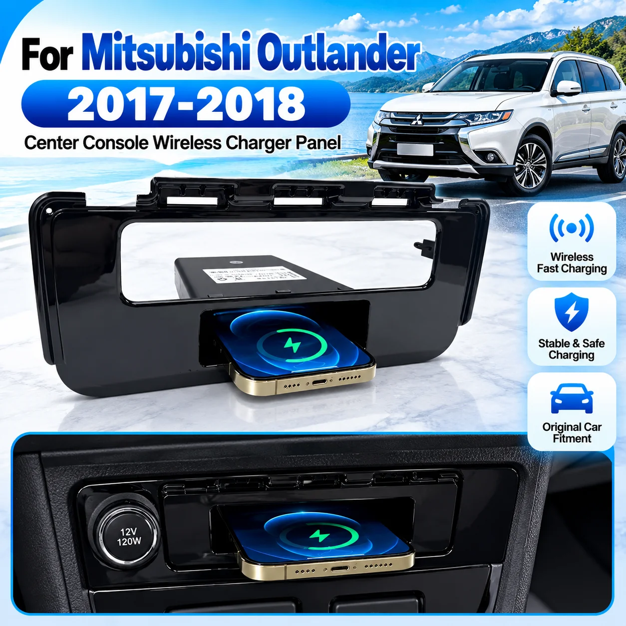 Center Console Wireless Charging Pad For Mitsubishi Outlander 2017-2018 Fast Phone Charger Interior Accessories