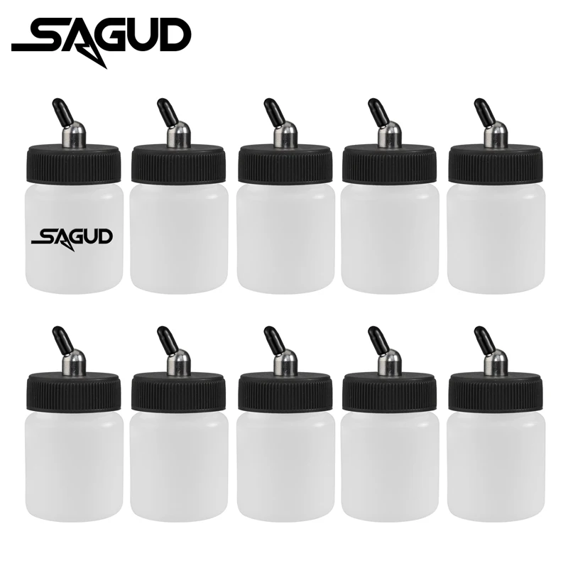 SAGUD 10PCS Plastic Jar Airbrush Bottles Set 30°/60° Down Angle Adaptor with Jar Cap Covers Fits Single/Double Action Airbrushes