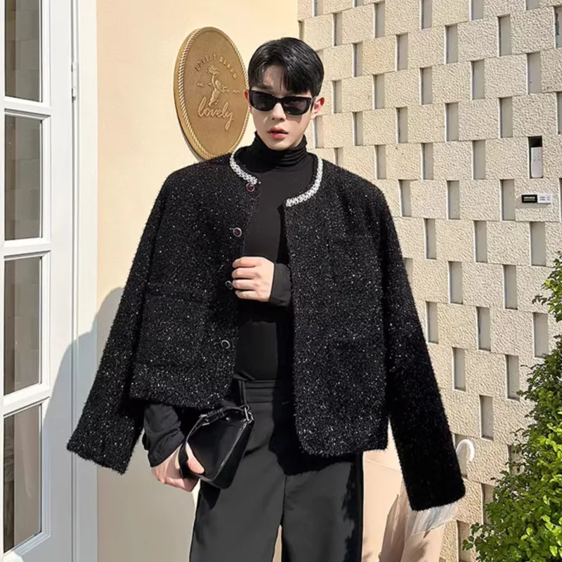 

SYUHGFA Niche Design Men's Tweed Jackets Casual Round Collar Bright Silk Decoration Single Breasted Loose Male Coats 2024 Winter