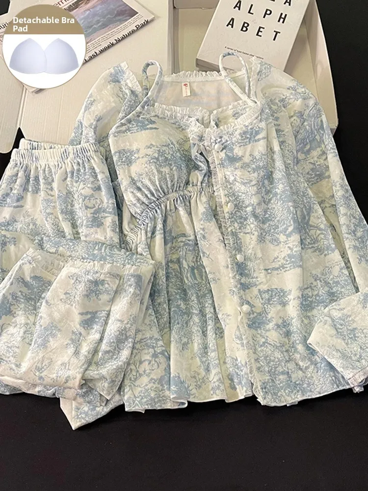 

Blue Tie Dye Spwear Женский осенне-зимний комплект с бархатными ремешками Long Sve Комплект домашней одежды с накладкой на грудь Корейский Sle Student Th...