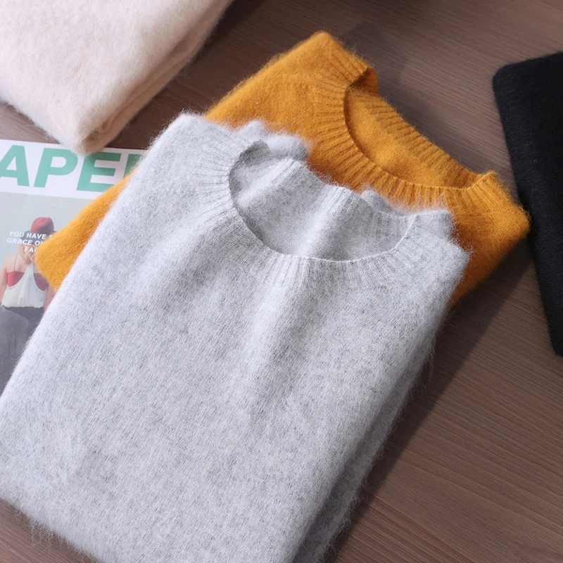 Autumn And Winter 2024 New Mink Cashmere Sweater Ladies Long Sleeve Pullover Round Neck Warm Knit Bottoming Shirt