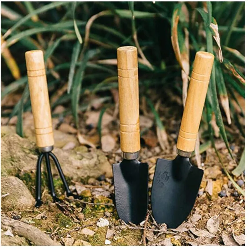 3pcs Mini Garden Tools Shovel Rake Spade Erramientas Bonsai Set Wooden Handle For Flowers Potted Plant Flower Planting A6