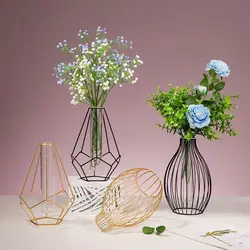 Nordic Styles Hydroponic Flower Vase Geometric Line Frame Iron Art Vase Glass Test Tube Metal Holder Home Decoration Craft Gift
