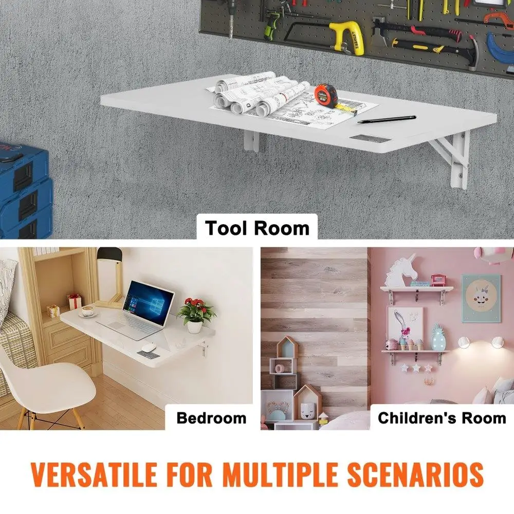 طاولة قابلة للطي مثبتة على الحائط مقاس 23.62 × 15.75 مكتب عائم مع تصميم أوراق قطرة للمنزل والمكتب وتناول الطعام والمطبخ باللون الأبيض