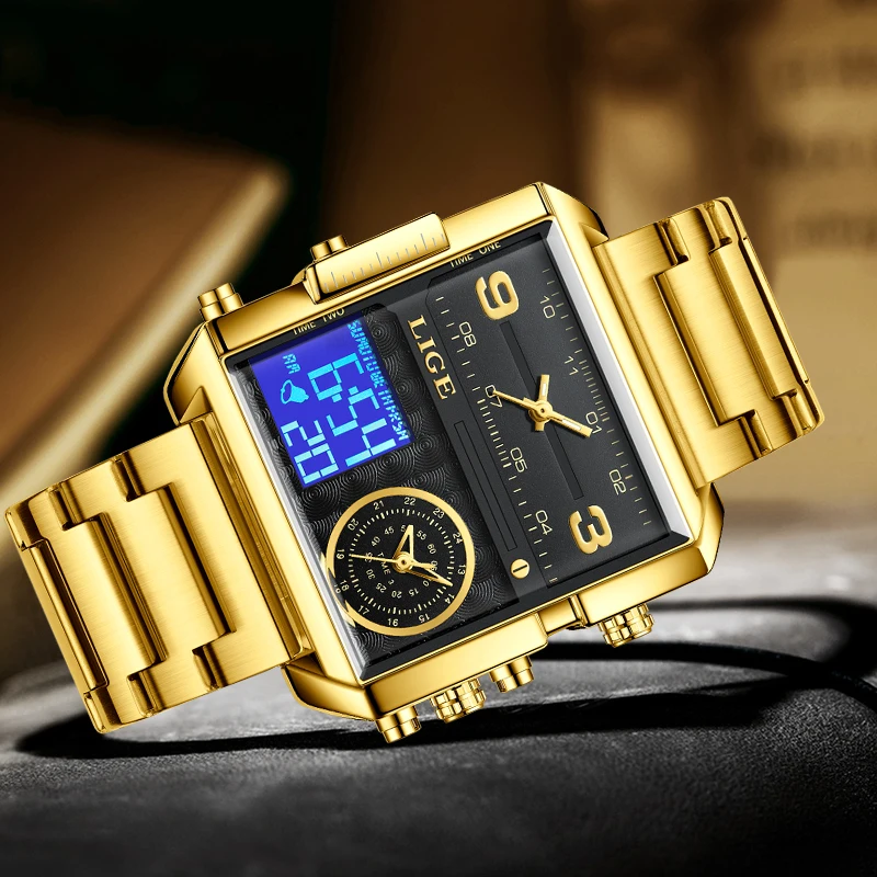 LIGE 명품 오리지널 남성 스포츠 손목시계 골드 쿼츠 스틸 방수 듀얼 디스플레이 시계 남성용 듀얼 디스플레이 시계