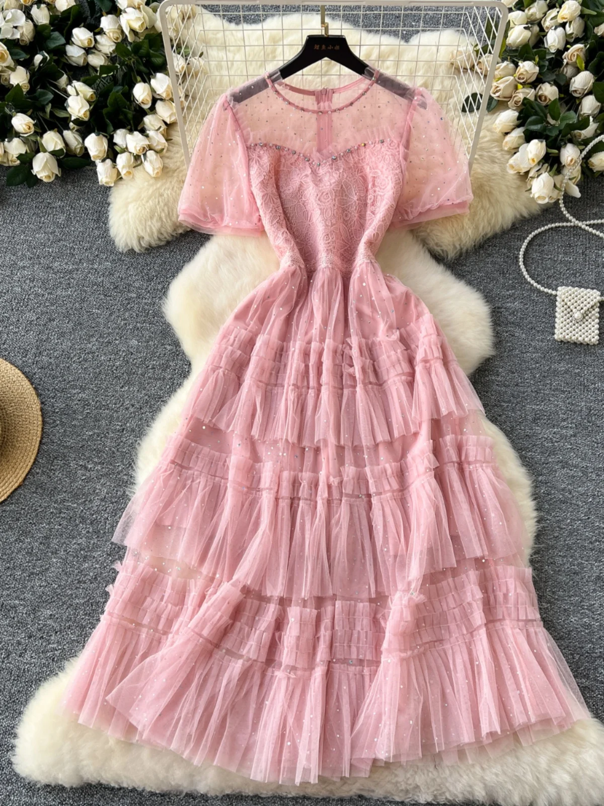 Ofallsis Sweet Heavy Industry Nail Bead Studded Diamond Puff Sleeve Dress 2024 Summer New Sequin Sparkling Fluffy Mesh Dresses