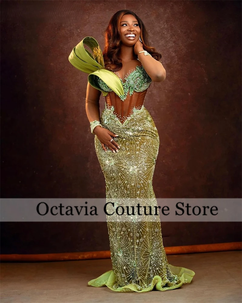 

Aso Ebi Green Rhinestone Evening Dresses O Neck Bead Crystal 2024 Birthday Luxury Dress Full Sleeve Formal Gown Customized