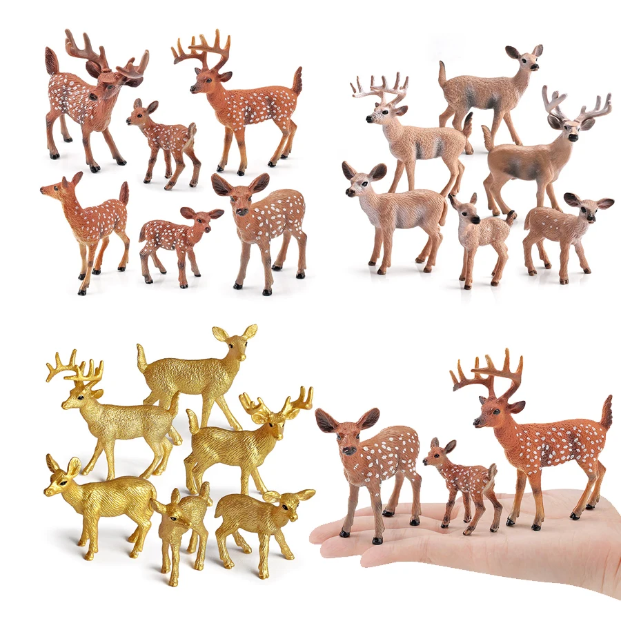 Floresta realista animal sika veado estatueta animal estatueta golden deers brinquedo decoração do bolo de aniversário presente festa decoração 6 pçs