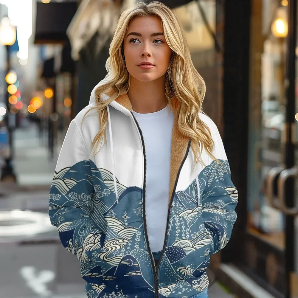 Wave Turtle Japanese Art Print Fleece Jacket Harajuku White Zip Up Hoodie Winter Women Coats Casual Streetwear Thick Warm Tops