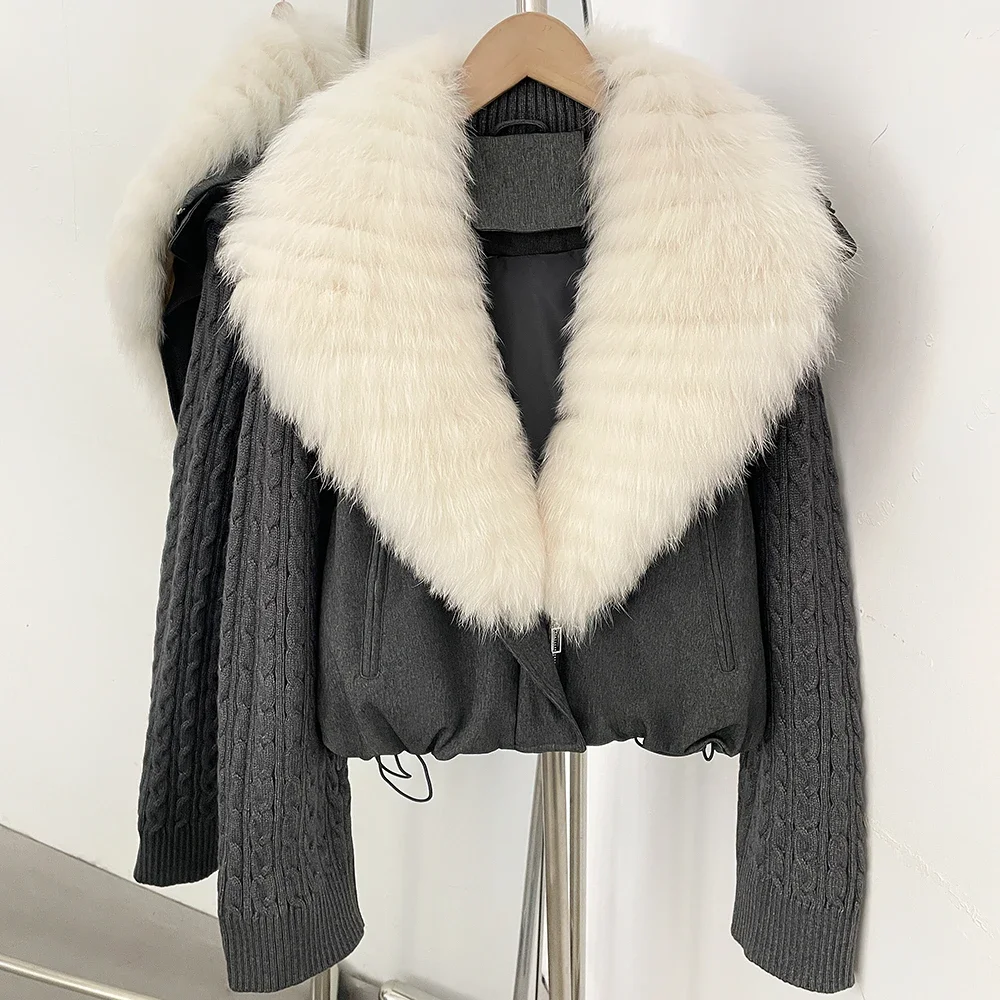 OFTBUY 90 White Duck Down Jacket Cable Knit Sleeve Zipper Drawstring Hem Cropped Coat Women Winter Real Layered Fox Fur Collar